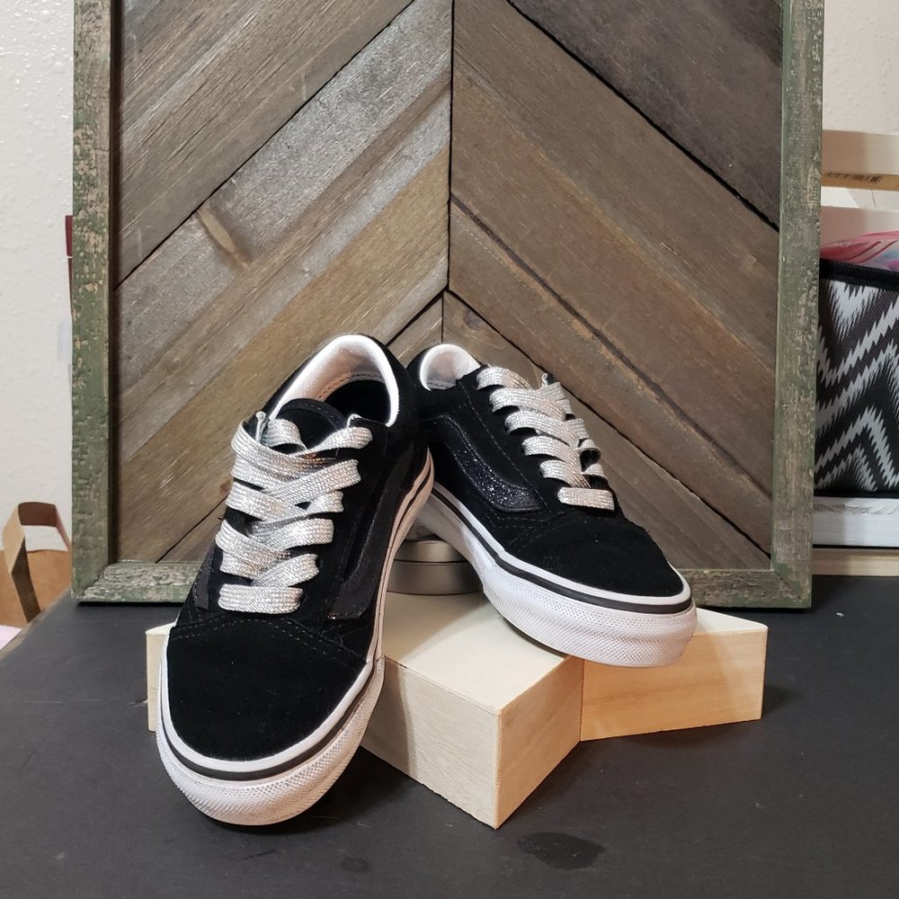 Vans Black Suede Black Glitter Stripe Silver Glitter Laces Kids Size 11